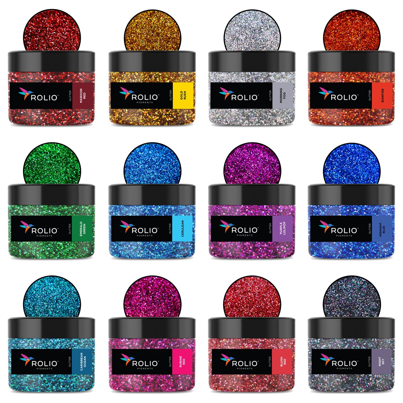 Rolio - Holographic Glitter Vibrant Set - 12 Colors, 15g Jars
